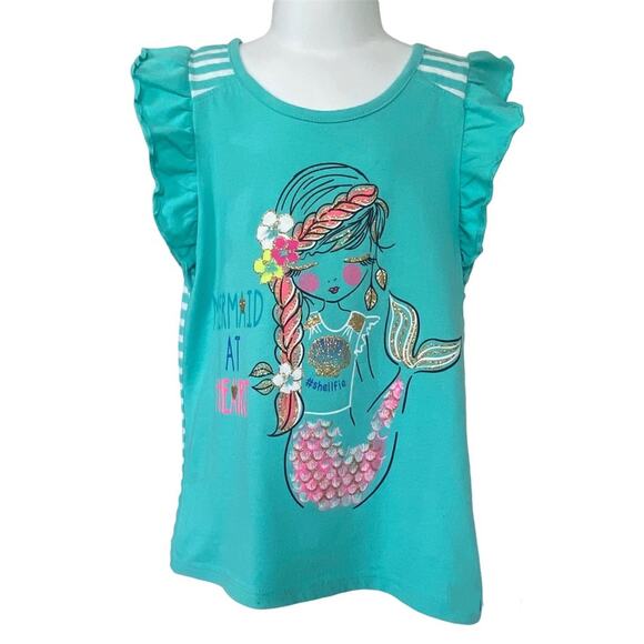 Girls 8 Turquoise Short Sleeve Stripe Ruffle Gold Glitter Colorful Mermaid Top - Picture 1 of 2